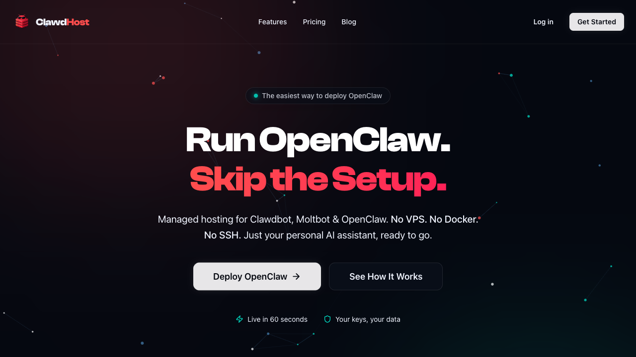 ClawdHost homepage screenshot