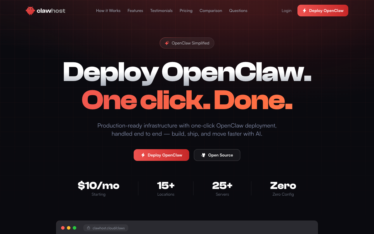 ClawHost Cloud homepage screenshot