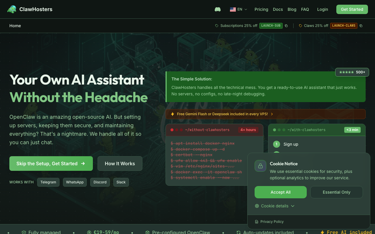 ClawHosters homepage screenshot