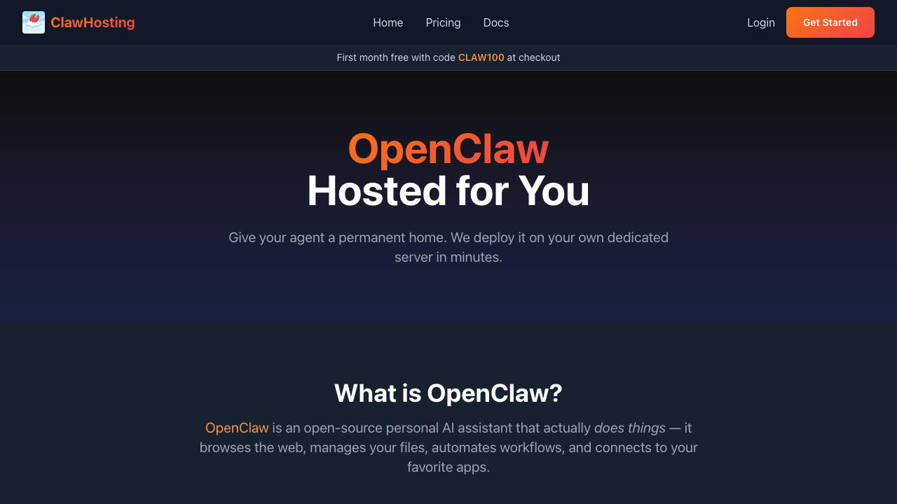 ClawHosting.io homepage screenshot