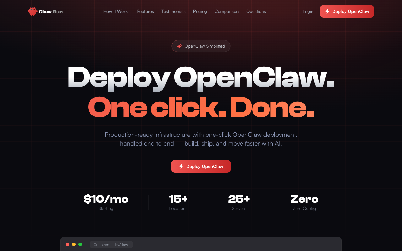 ClawRun homepage screenshot