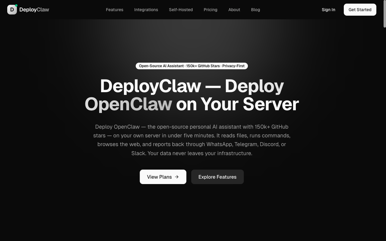 DeployClaw homepage screenshot