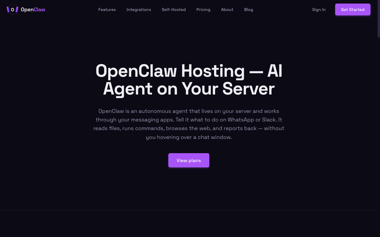 OpenClawHosting.io homepage screenshot