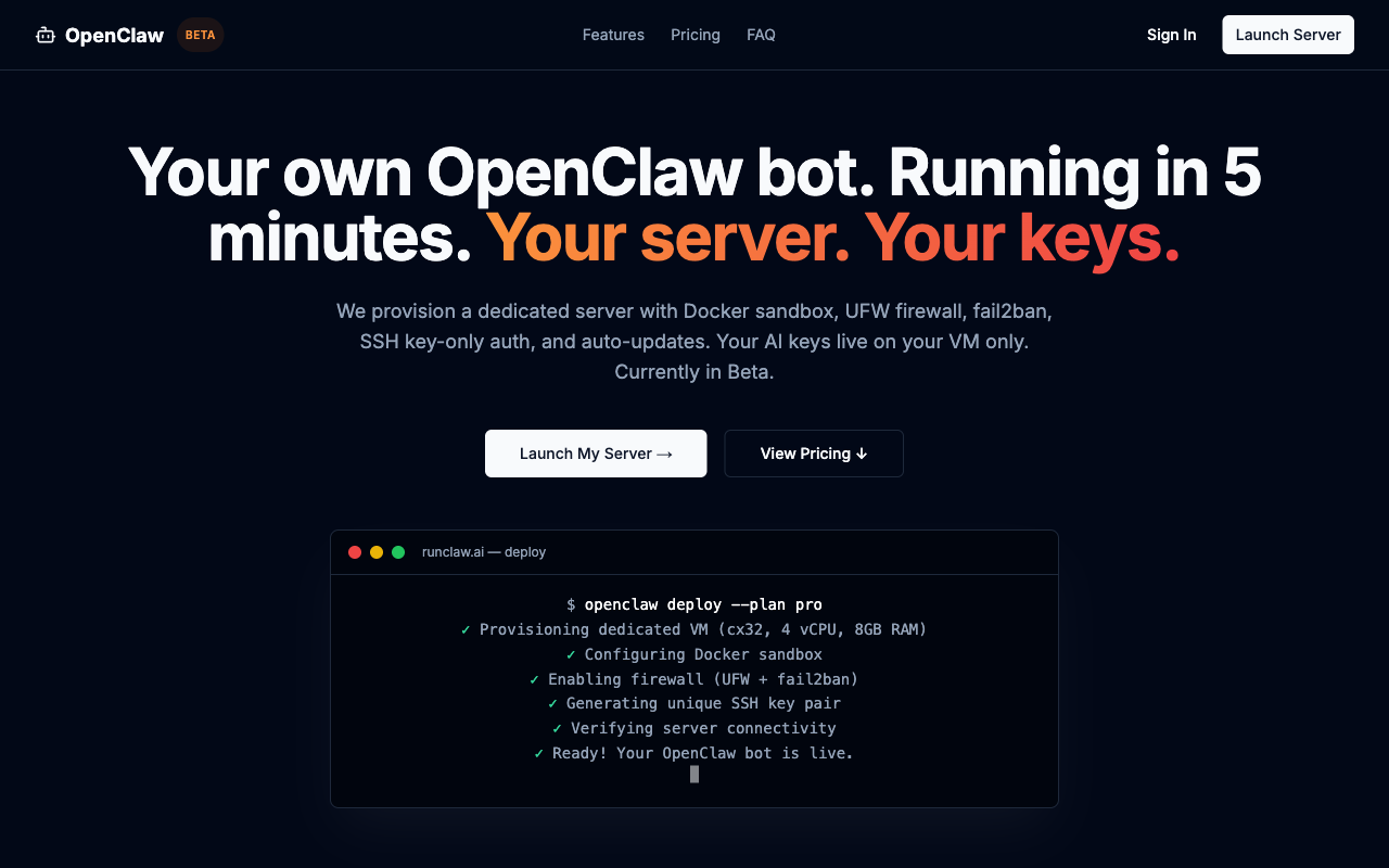 RunClaw.ai homepage screenshot