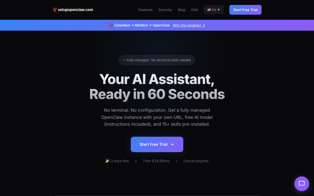 OpenClaw Cloud homepage screenshot