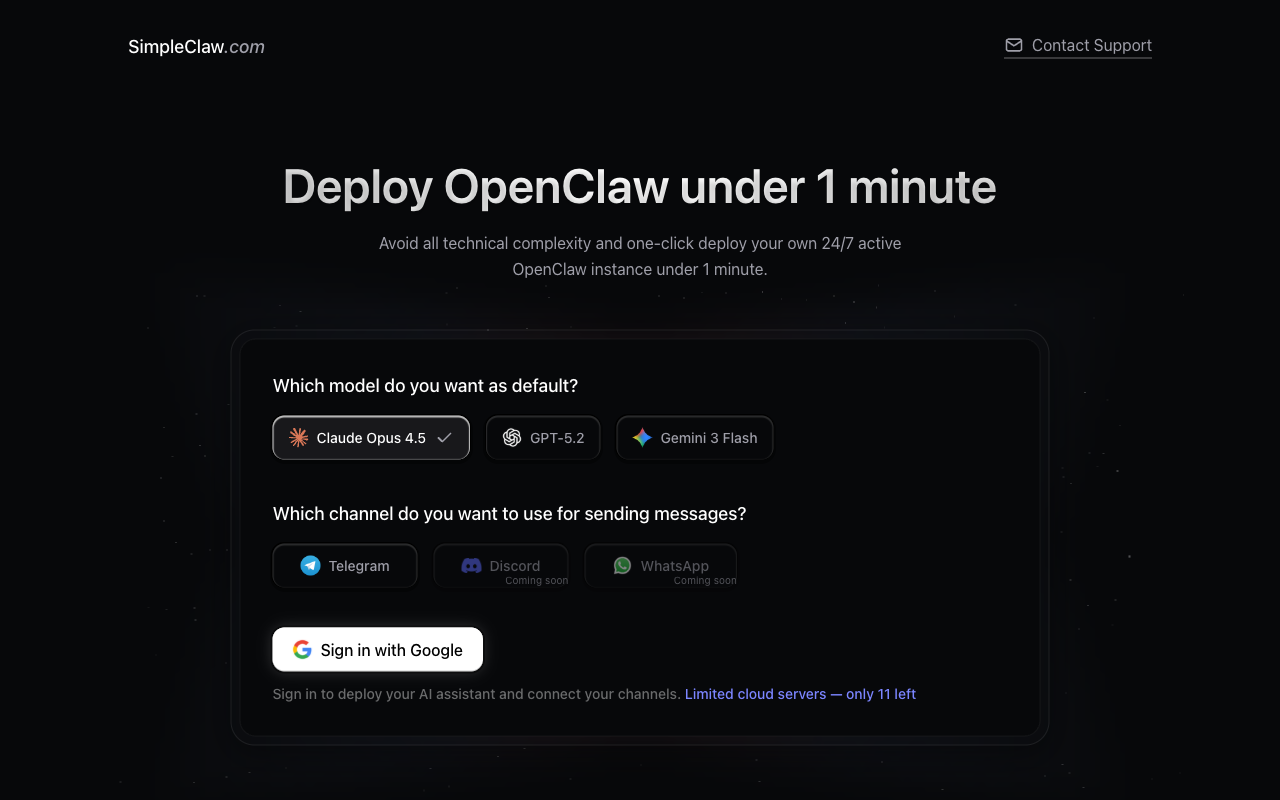 SimpleClaw homepage screenshot